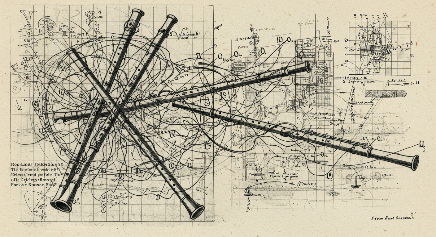 A monochromatic artistic rendering features four recorders intricately interwoven, their bodies forming a complex, almost chaotic pattern against a backdrop of mathematical equations, graphs, and diagrams